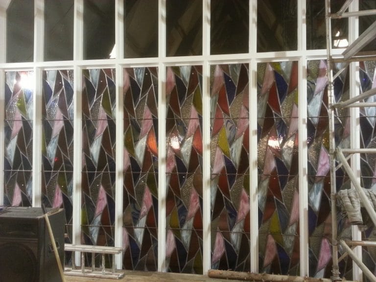 Stained glass panels set in a timber frame