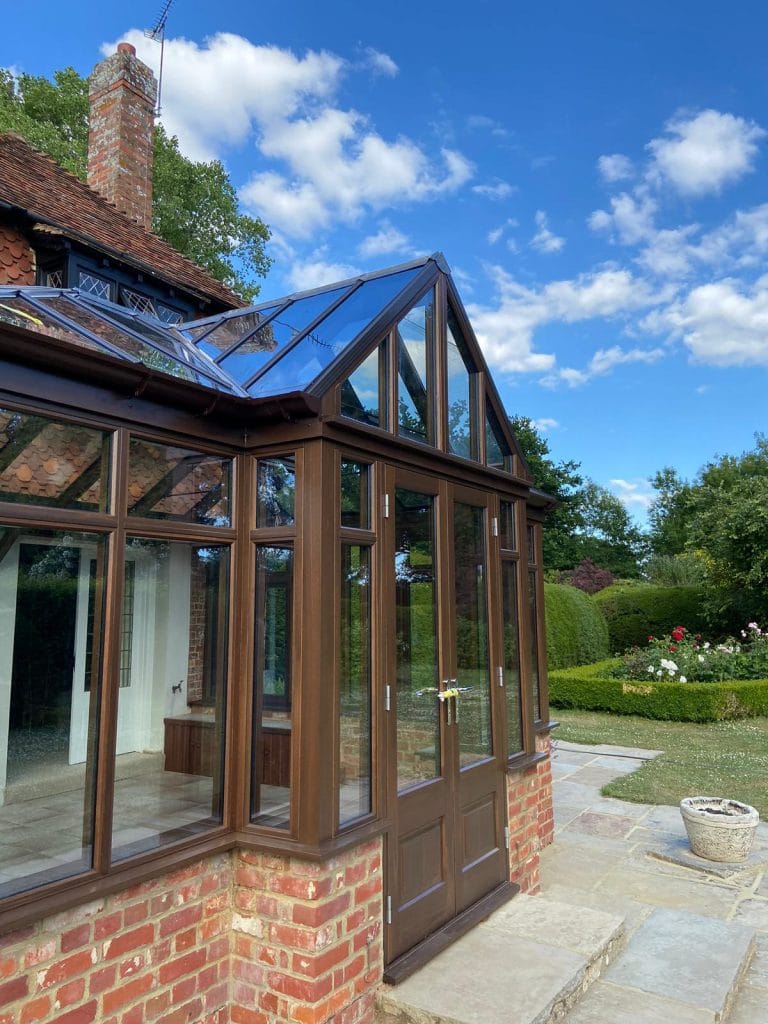 Close view of a stained timber conservatory gable