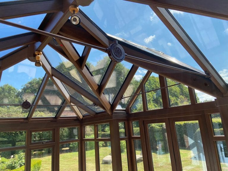 Timber conservatory roof structure seen from inside