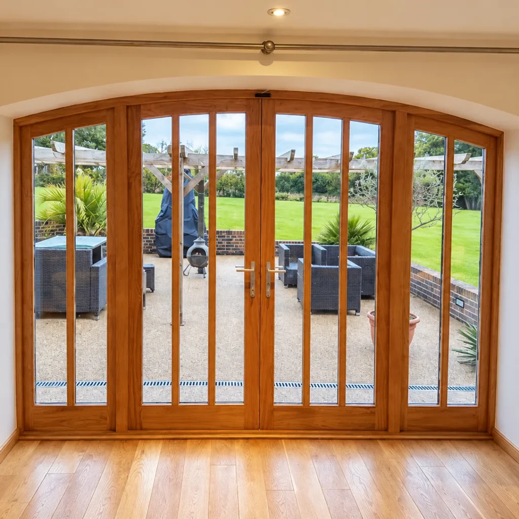 Arched oak French doors opening onto a garden, made by Spittlywood