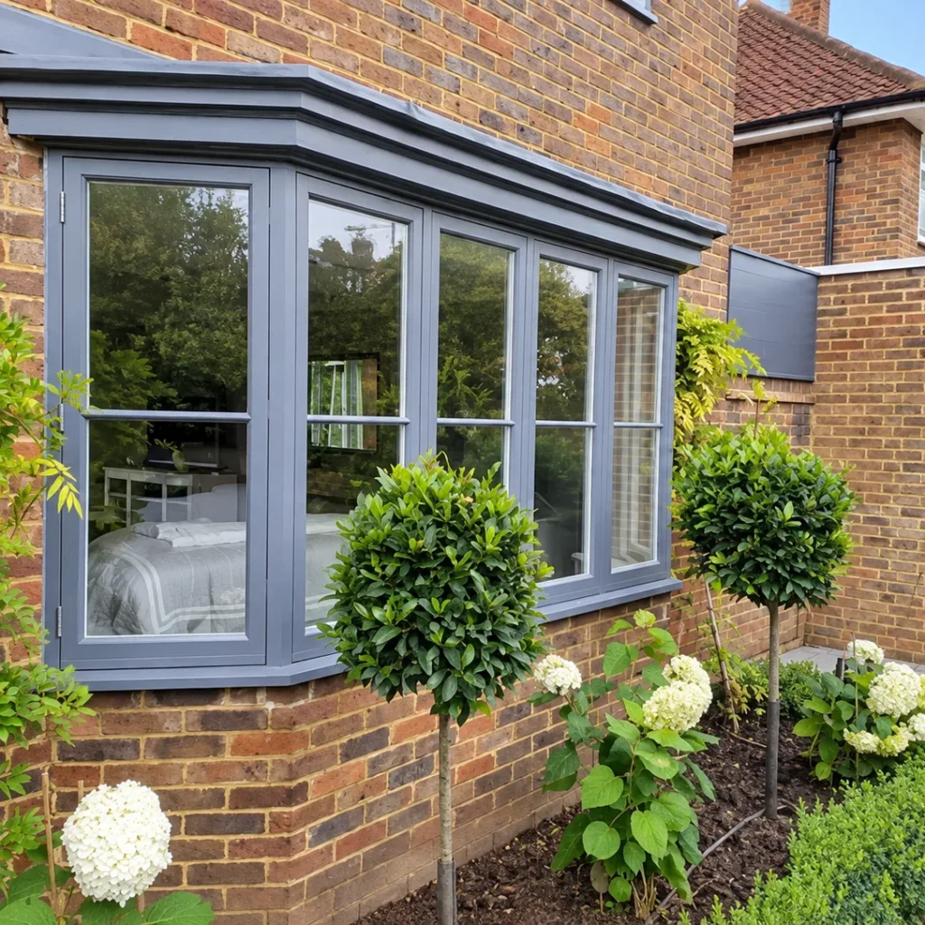 Grey painted Accoya bay window in a Kent home, made by Spittlywood