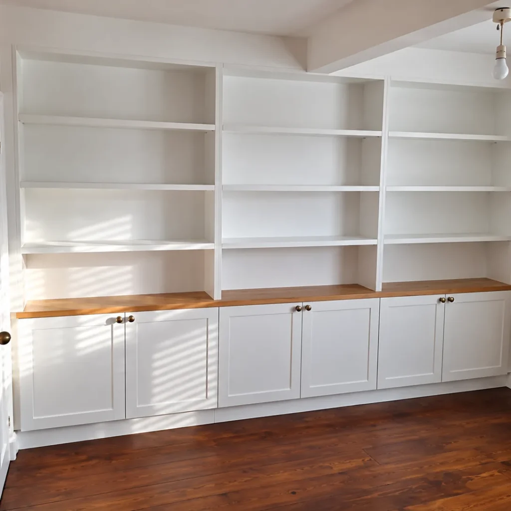 Bespoke fitted shelving and cabinets with an oak top, made by Spittlywood