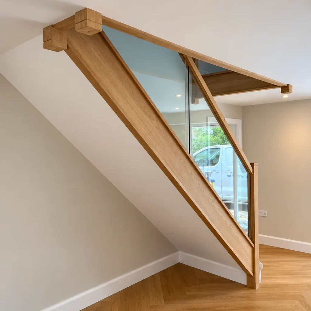 Oak and glass staircase in a Kent home, made by Spittlywood