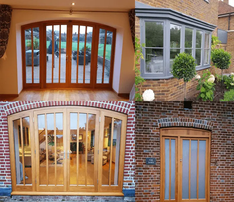 Four Accoya installations: arched French doors, a grey bay window and two arched barn doors set in brick