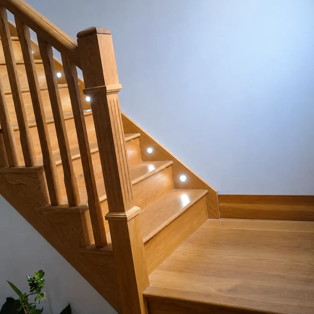 Traditional oak staircase with LED step lighting in a Kent home